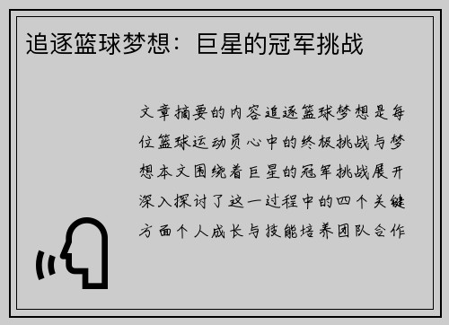 追逐篮球梦想：巨星的冠军挑战